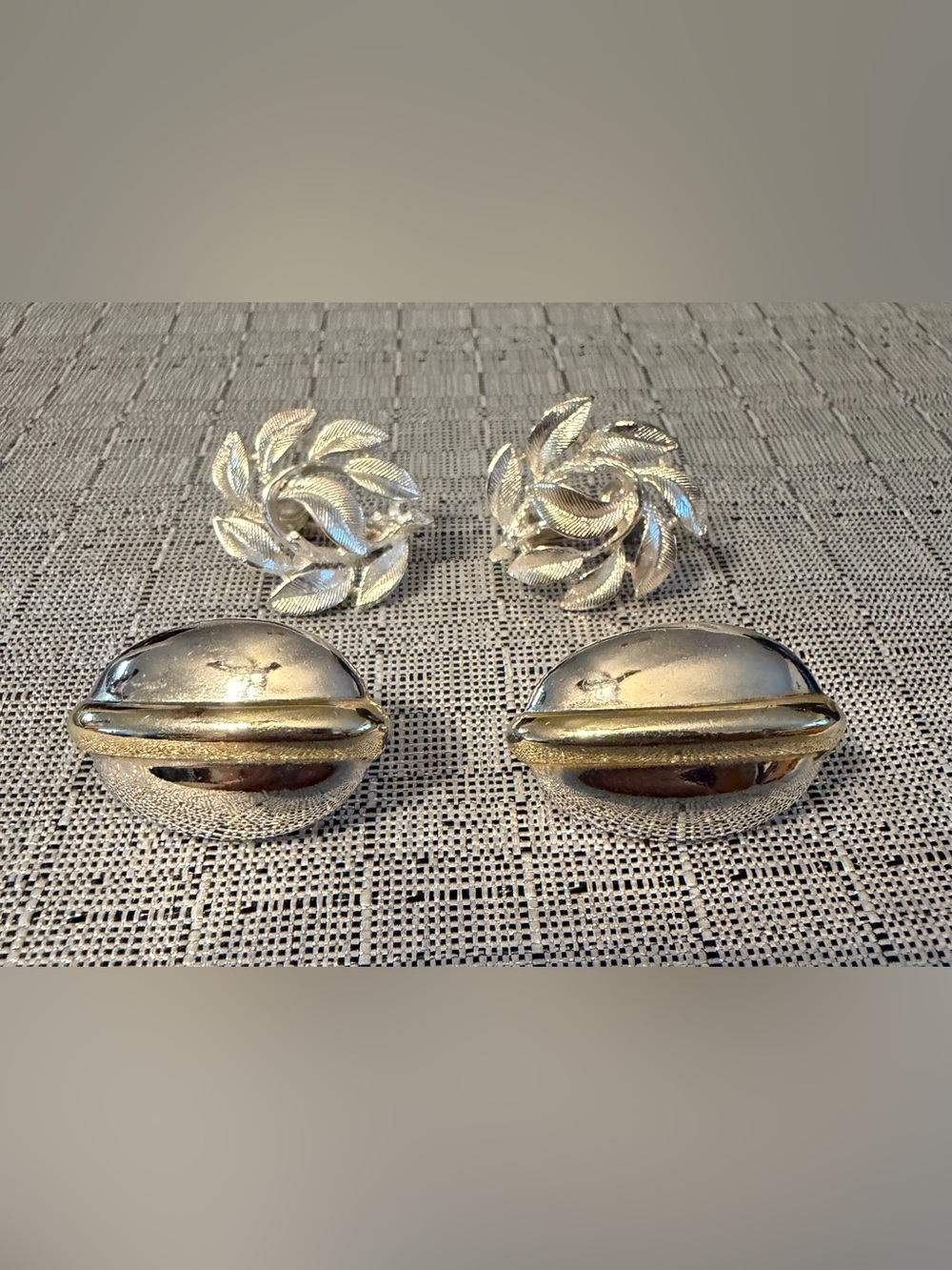 Vintage Signed Napier Silver-Tone Leaf and Dome Clip-On Earrings Set